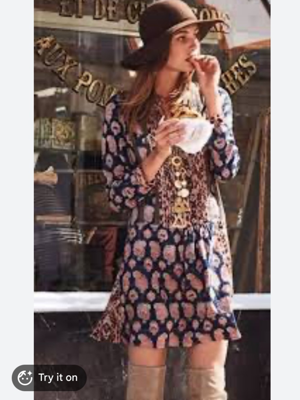 Anthropology Mixed Boho Floral Patchwork Long Sleeve Dress in Navy and Pink